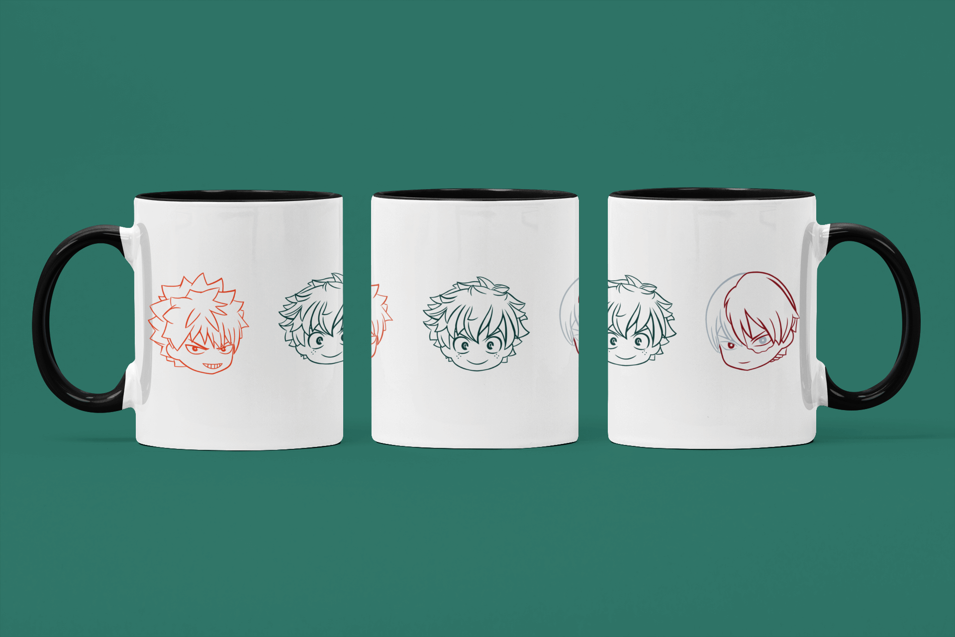 Deku, Todoroki & Bakugou Chibi Mug with Color Inside – Inspired by My Hero Academia Fungi Freak